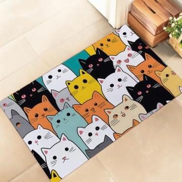 Imagem de amepay Tapete de porta interior colorido de gato com desenho animado, elegante 43 x 75 cm, capacho de chão de tecido não tecido com gatinho fofo, capacho de animais divertidos, para varanda, quarto
