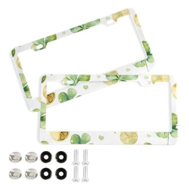 Imagem de CEBUGI Pacote com 2 molduras de placa de carro de alumínio capas de moldura de placa de carro com 2 furos moedas douradas trevo folha acessórios automotivos para placas dianteiras e traseiras orifício