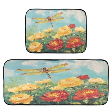 Imagem de Qilmy Tapetes de cozinha de flores silvestres e libélulas, 2 peças, tapete de entrada frontal, antiderrapante, alivia a fadiga, lavável, tapete para cozinha, quarto, varanda382