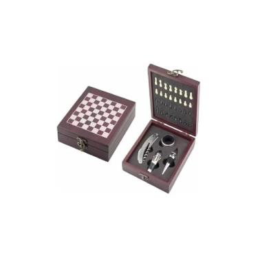Imagem de Kit Abridor de Vinho com Tema Xadrez, Maleta em Madeira MDF Marrom, 32 Peças de Xadrez, 4 Acessórios em Aço Inox, 17x14cm