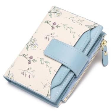 Imagem de Carteira pequena feminina com bloqueio de RFID, couro vegano, dobrável, floral, porta-cartões compacta, com bolso com zíper e janela para identidade, Azul, Clássico