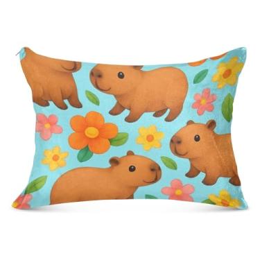 Imagem de Lindas fronhas de flanela azul com estampa de capivaras de desenho animado com zíper King Queen capas de travesseiro padrão decoração de casa, tamanho padrão, 51 x 66 cm