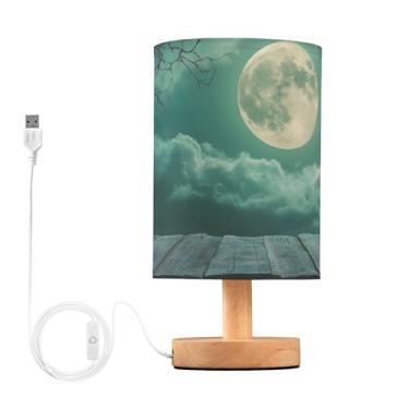Imagem de Joisal Abajur de lua cheia e nuvens de Halloween mesa de cabeceira com abajur de linho para escritório, itens essenciais para quarto