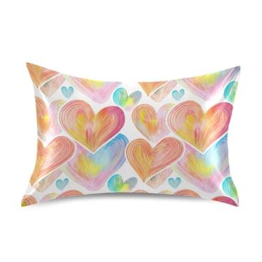 Imagem de Fronhas refrescantes fofas personalizadas King Queen padrão capas de travesseiro de cama de cetim cuidados com o cabelo tamanho queen 76.2 cm x 50.8 cm coração cores pastel desenho animado