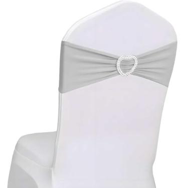 Imagem de WYFMYD Pacote com 50 faixas de cadeira cinza prateadas, elastano para cadeiras, faixas universais elásticas para cadeiras com fivela de coração, para decoração de banquete de casamento