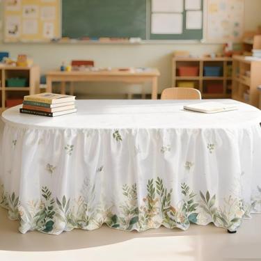 Imagem de Saia de mesa de folhas de eucalipto de 3,5 m de volta às aulas, saia de mesa para professores, vegetação, eucalipto, sala de aula, para o primeiro dia de aula, material escolar, pré-escola, escritório