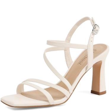 Imagem de SLXCHBSL Salto com tiras para mulheres elegantes sandálias de salto quadrado com tira no tornozelo salto alto grosso, Sandálias bege, 40