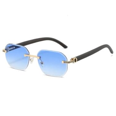 Imagem de Óculos de Sol Hexagonais Sem Aro, Unissex, Estilo Fashion, Hastes com Textura de Madeira, Lentes Quadradas (Azul Degradê)