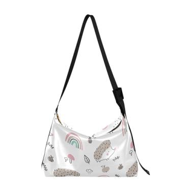 Imagem de Bolsas Hobo de couro com listras de flamingo para mulheres, bolsas masculinas grandes com estampa de animal, bolsa de ombro, Animais de ouriço de desenho fofo