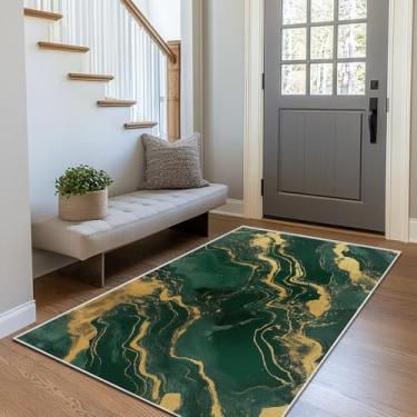 Imagem de Tapete abstrato dourado verde para banheiro, cozinha, entrada interna, lavável à máquina, tapete moderno para quarto, super macio, para sala de jantar, antiderrapante, adequado para escritório em casa