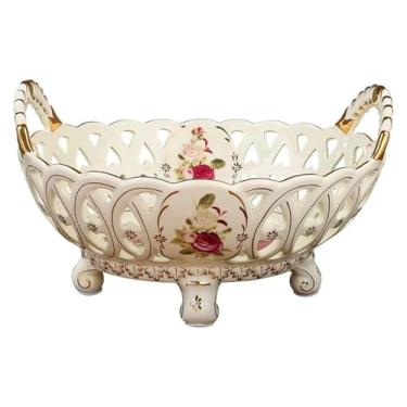 Imagem de fruteira cesta O novo estilo chinês retro oco cerâmica fruteira família sala de estar sala de jantar decoração porcelana dupla alça tigela de doces prato de frutas bancada