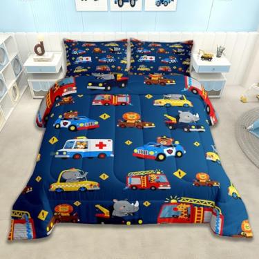 Imagem de Feelyou Conjunto de cama macio para meninos e meninas, carro de polícia, edredom de microfibra com desenho animado de animais engraçados, 3 peças com 2 fronhas
