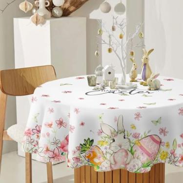 Imagem de DISENB Toalha de mesa redonda de Páscoa de 152 cm, toalha de mesa de coelho com flores de ovo feliz, resistente a manchas e vincos, lavável para decoração de festa de primavera, piquenique, jantar