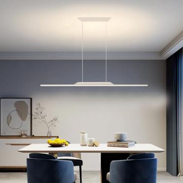Imagem de Luminária pendente linear de LED, dimerizável, com controle remoto, altura ajustável, ideal para cozinha e sala de jantar (branca, 120).