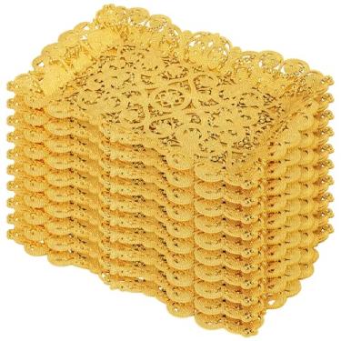 Imagem de LemonRoad Pacote com 10 bandejas de plástico dourado, 41 x 28 cm, conjunto de travessas retangulares de renda vazadas, reutilizáveis, douradas, para café, comida, sobremesa, cupcake, aniversários