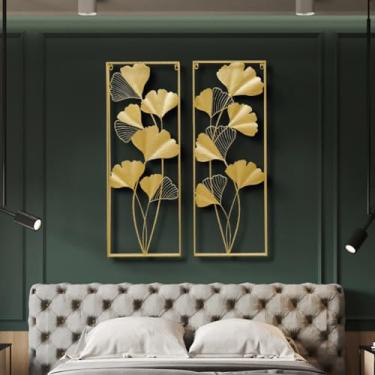 Imagem de Decoração de parede 3D para sala de estar, arte de parede metálica, ouro, 2 peças, folha de ginkgo, grande, arte de parede estética para quarto, escritório, sala de jantar