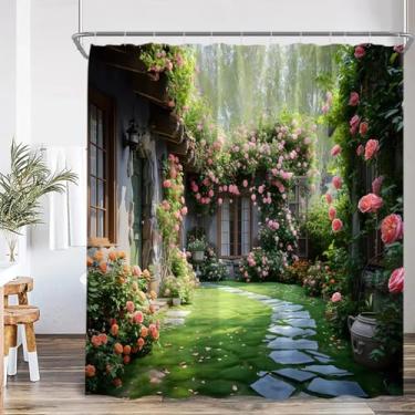 Imagem de Cortina de chuveiro com paisagem de jardim, flor, floral, planta, pátio, cenário, decoração de banheiro, moderno, tecido de poliéster, cortina de banheira 55 x 67 pol. - 140 x 170 cm/L x A cortina de