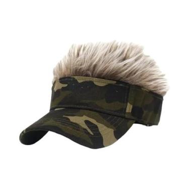 Imagem de Boné De Beisebol Com Peruca Sintética Camuflada Verde Militar Para Hom