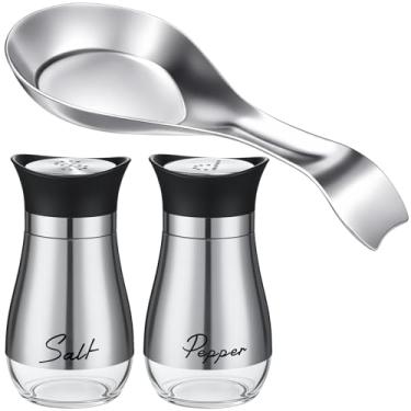 Imagem de Patelai Conjunto de 3 peças de bancada de cozinha, saleiro e pimenteiro com descanso de colher, acessórios rústicos para cozinha, cozinha, servir, jantar, churrasco, decoração (estilo elegante, prata)