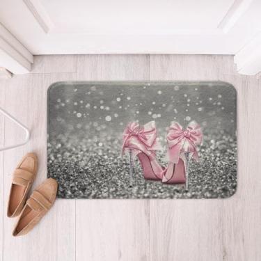 Imagem de Tapetes de banho femininos de salto alto, tapetes românticos de diamante brilhante com glitter, decoração de quarto de meninas e mulheres, tapetes de banho bonitos com laço moderno, tapetes de banho