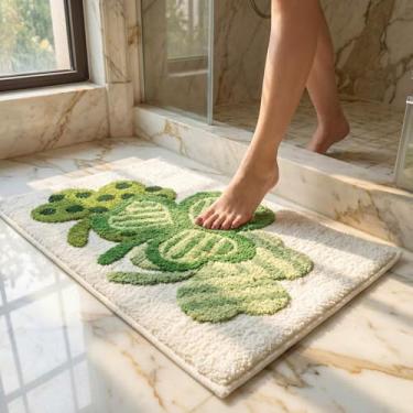 Imagem de Lyrow Tapete de banheiro do Dia de São Patrício com trevo de pelúcia 3D, tapete de banho absorvente antiderrapante para decoração de banheiro, tapete de chuveiro macio de trevo da sorte, presente