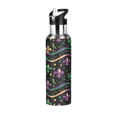 Imagem de Wassud Garrafa de água fitas de carnaval garrafa de água esportiva de aço inoxidável com canudo garrafas de água isoladas copo portátil de viagem 623 g