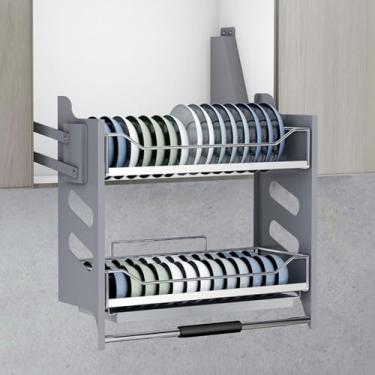 Imagem de Prateleira ajustável para armário superior de cozinha de 2 camadas, resistente montada na parede deslizante sob a prateleira, prateleira de armazenamento ideal para temperos e pratos