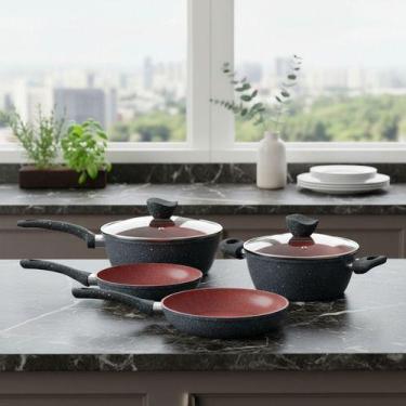 Imagem de Conjunto 4 Panelas Antiaderente Alumínio Caçarola Indução Preto - Thik