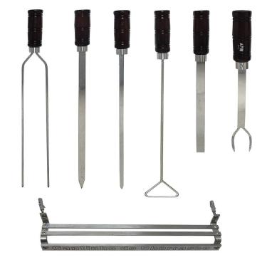 Imagem de Kit Churrasco 7 Peças Espetos Garfo Batedor Suporte Mexedor
