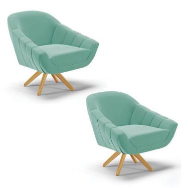 Imagem de Kit 02 Poltronas Giratória Giovana Suede Azul Turquesa Base Madeira MA