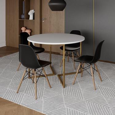 Imagem de Mesa Jantar Industrial Redonda 110Cm Branca Base V Dourada Com 4 Cadeiras Madeira Preta Cor: Branco