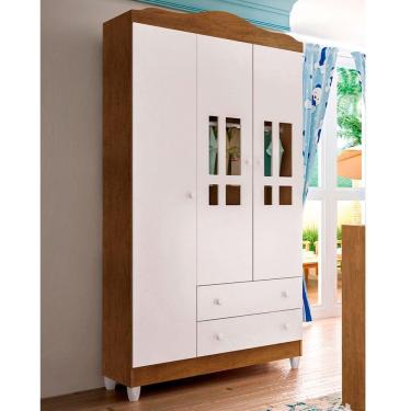 Imagem de Guarda Roupa Infantil Ariel Carolina 3 Portas 2 Gavetas MDP-MDF Branco Amadeirado