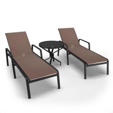 Imagem de Kit 2 Espreguiçadeiras 1 Mesinha Alumínio Preto Tela Marrom - Aluv Móv