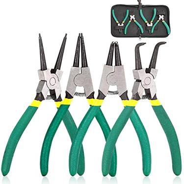 Imagem de Conjunto de alicates de encaixe Queta com 4 peças de 17 cm para serviço pesado interno/externo kit de alicate com garra reto/dobrada CR-V de aço para remoção de anéis com clipe de fixação C com bolsa de armazenamento