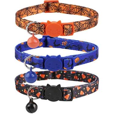 Imagem de BoomBone Pacote com 3 coleiras de gato para Halloween com sino, colarinhos de abóbora para gatos