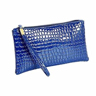 Imagem de Bolsa de cosméticos de couro pequena para mulheres, carteira de couro de crocodilo, bolsa de mão, bolsa de moedas, bolsa de cosméticos, Azul
