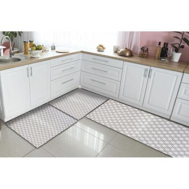 Imagem de Kit Tapetes E Passadeira Cozinha 3 Peças Geométrico Branco