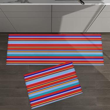 Imagem de Conjunto de 2 tapetes de cozinha com listras coloridas vermelho azul marinho roxo para tapetes acolchoados no chão e tapetes antiderrapantes absorventes corredor confortável tapete de pé