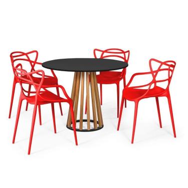 Imagem de Conjunto Mesa de Jantar Redonda Preta 100cm Talia Amadeirada com 4 Cadeiras Allegra - Vermelho