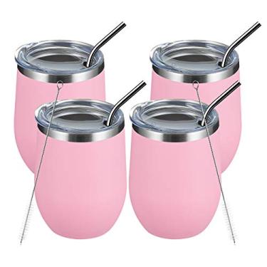 Imagem de MEWAY Copo de vinho de 340 g/pacote com 4 copos com tampa - copo de viagem de aço inoxidável sem haste de parede dupla - Mantém frio e quente para vinho, café, coquetéis, bebidas - família e presentes