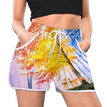 Imagem de QIANDODUO Short atlético feminino outono Maple Tree Woodland Deer verão casual atlético confortável secagem rápida academia treino, Multi, G