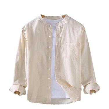 Imagem de Camisa masculina japonesa de algodão de linho fina, estilo Harajuku, gola alta, manga comprida, blusa casual respirável, Bege, XG