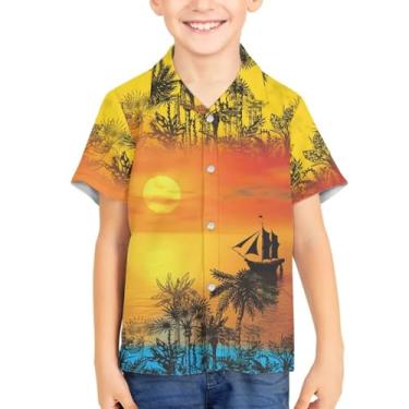 Imagem de Camisetas havaianas com botões de botão para verão unissex infantil manga curta camisa social 3-16 anos Tropical Aloha Shirts, Palmeira do pôr do sol, 13-14 Years