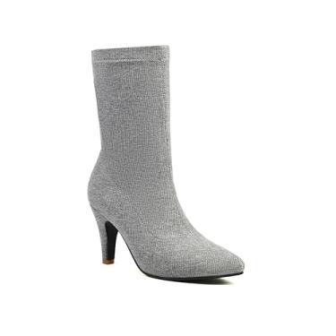 Imagem de JooJaky Bota feminina fashion bico fino cano curto stilettos cor sólida meia botas, Cinza, 40