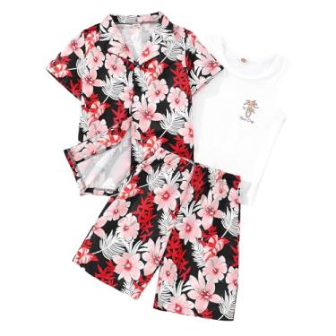 Imagem de Kidmian Liitle Conjunto de 3 peças de camisas havaianas de botão e shorts com colete sem mangas, Vermelho, 3-4 Anos