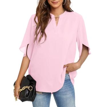 Imagem de Funlingo Tops femininos de verão camisas casuais de manga curta gola V chiffon blusa elegante tops, 06 rosa, GG