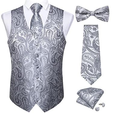 Imagem de DiBanGu Terno masculino de casamento Paisley colete colete gravata e bolso abotoaduras quadradas formal, Paisley prata, 3G