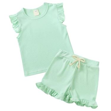 Imagem de SEAUR Conjunto de camiseta e calça de manga curta para meninas com nervuras, camiseta e calça de perna larga, conjunto de 2 peças, C - verde claro, 2-3 Anos