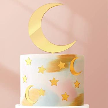 Imagem de Huray Rayho 27 Pcs Moon Star Cake Toppers Acrylic Cake Decorations Twinkle Twinkle Little Star Celestial Cake Charms Mirror Gold for Over the Moon Baby Shower Wedding Birthday Party