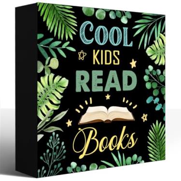 Imagem de Placa de caixa de madeira motivada para leitura, placa de bloco de madeira legal para crianças, leem livros, placa, placa, tema verde, sala de aula, placa de decoração de quarto infantil, placa de